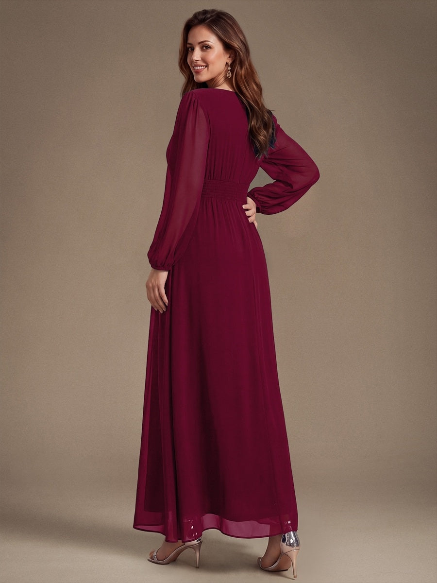Chiffon Maxi Length Round neckline A-line Puff sleeves bridesmaid dress #color_Burgundy
