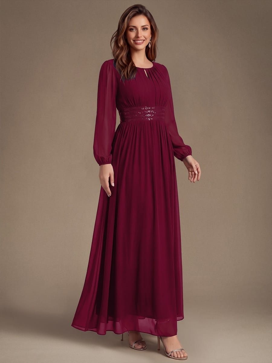 Chiffon Maxi Length Round neckline A-line Puff sleeves bridesmaid dress #color_Burgundy