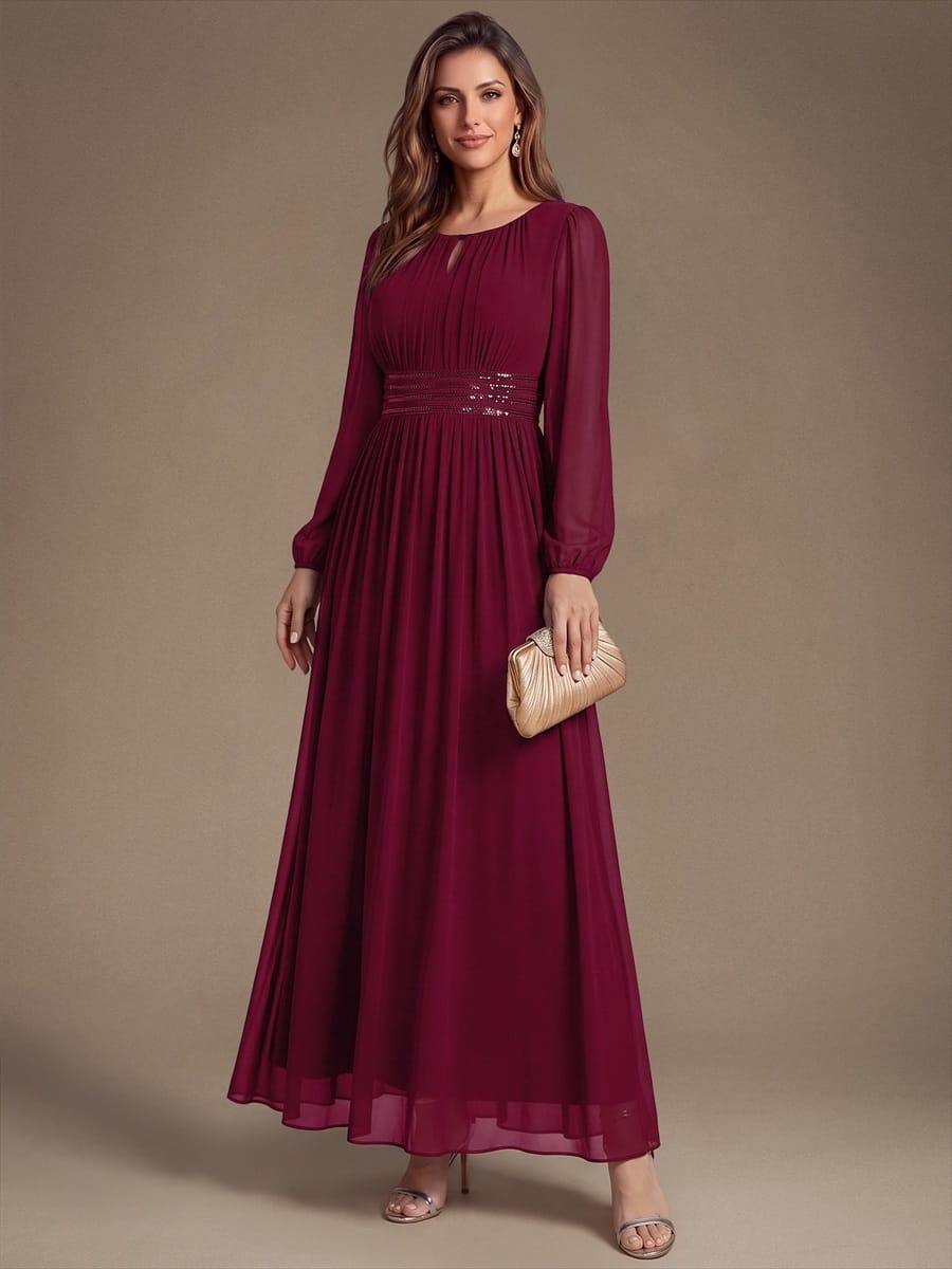 Chiffon Maxi Length Round neckline A-line Puff sleeves bridesmaid dress #color_Burgundy