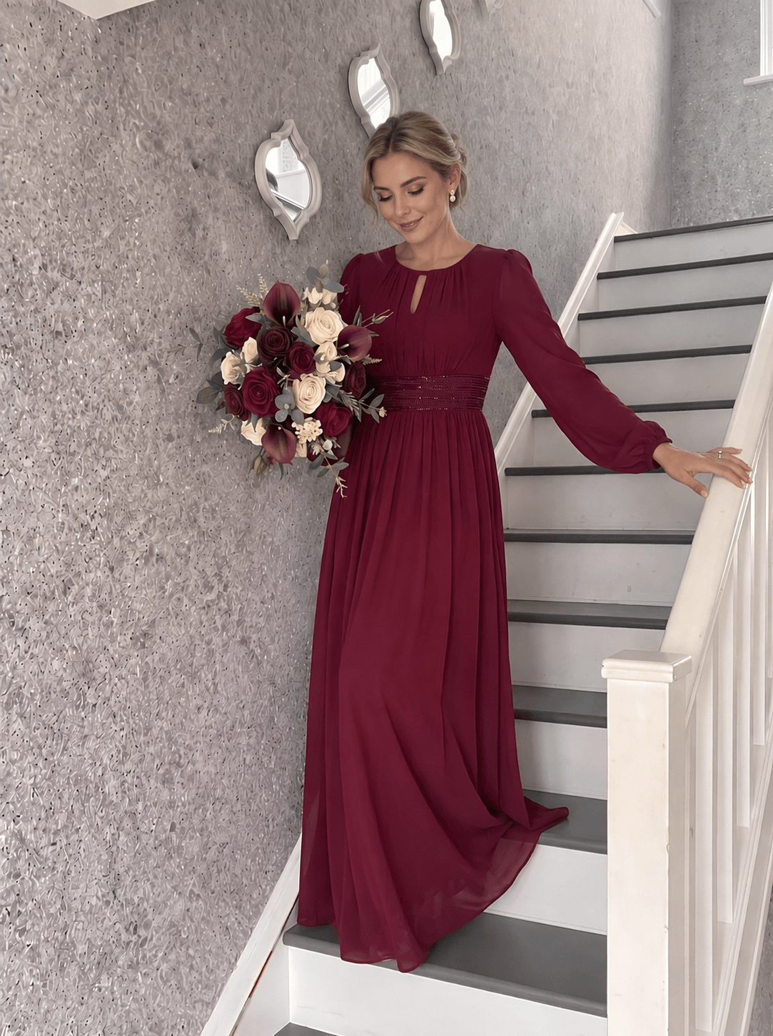 Chiffon Maxi Length Round neckline A-line Puff sleeves bridesmaid dress #color_Burgundy
