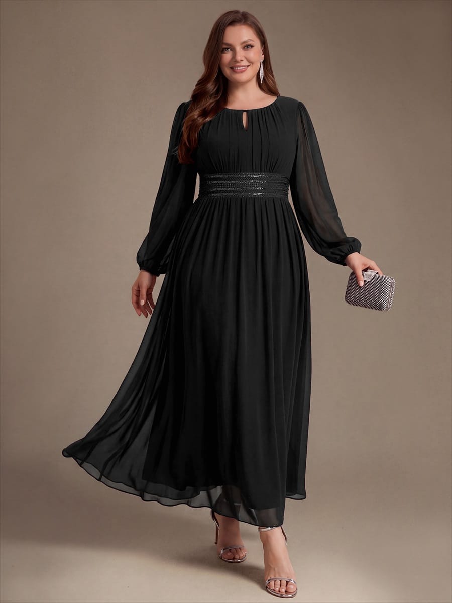 Chiffon Maxi Length Round neckline A-line Puff sleeves bridesmaid dress #color_Black