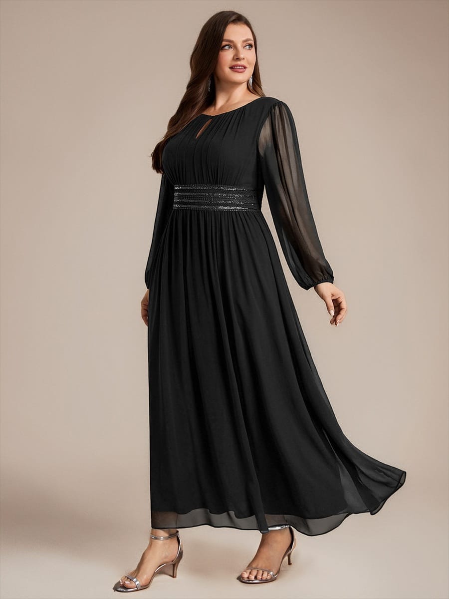 Chiffon Maxi Length Round neckline A-line Puff sleeves bridesmaid dress #color_Black