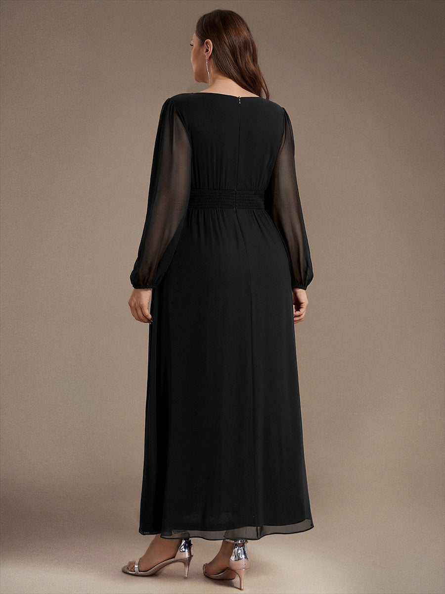 Chiffon Maxi Length Round neckline A-line Puff sleeves bridesmaid dress #color_Black