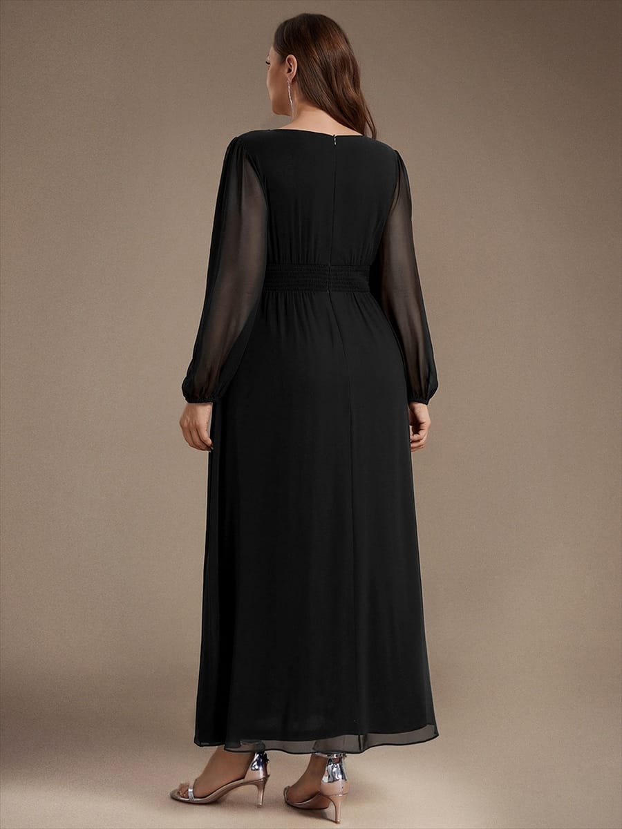 Chiffon Maxi Length Round neckline A-line Puff sleeves bridesmaid dress #color_Black
