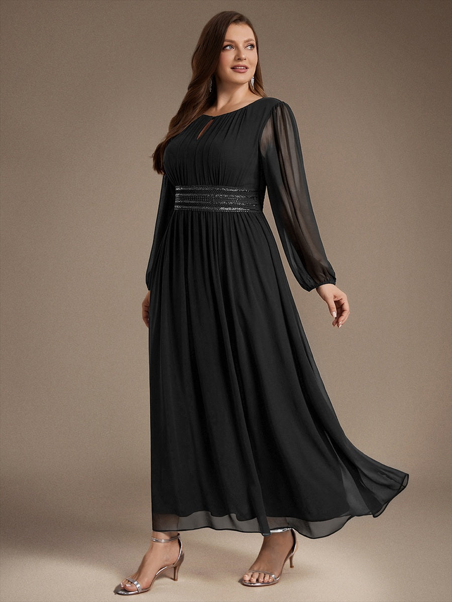 Chiffon Maxi Length Round neckline A-line Puff sleeves bridesmaid dress #color_Black