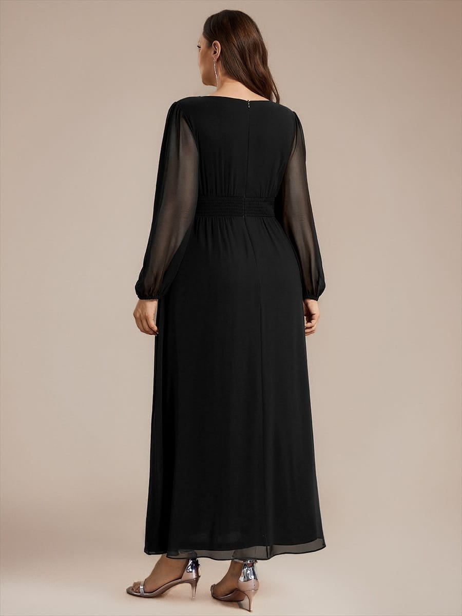 Chiffon Maxi Length Round neckline A-line Puff sleeves bridesmaid dress #color_Black