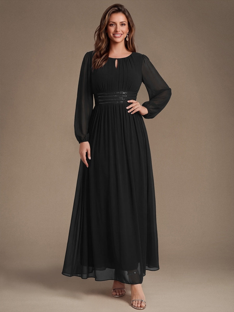 Chiffon Maxi Length Round neckline A-line Puff sleeves bridesmaid dress #color_Black