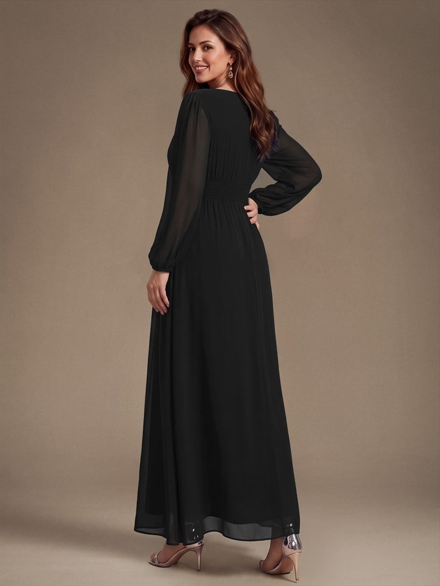 Chiffon Maxi Length Round neckline A-line Puff sleeves bridesmaid dress #color_Black