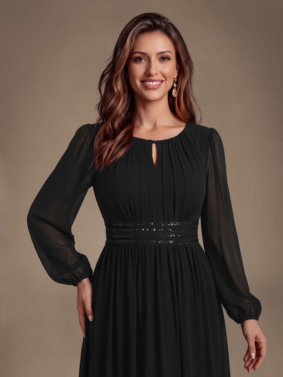 Chiffon Maxi Length Round neckline A-line Puff sleeves bridesmaid dress #color_Black