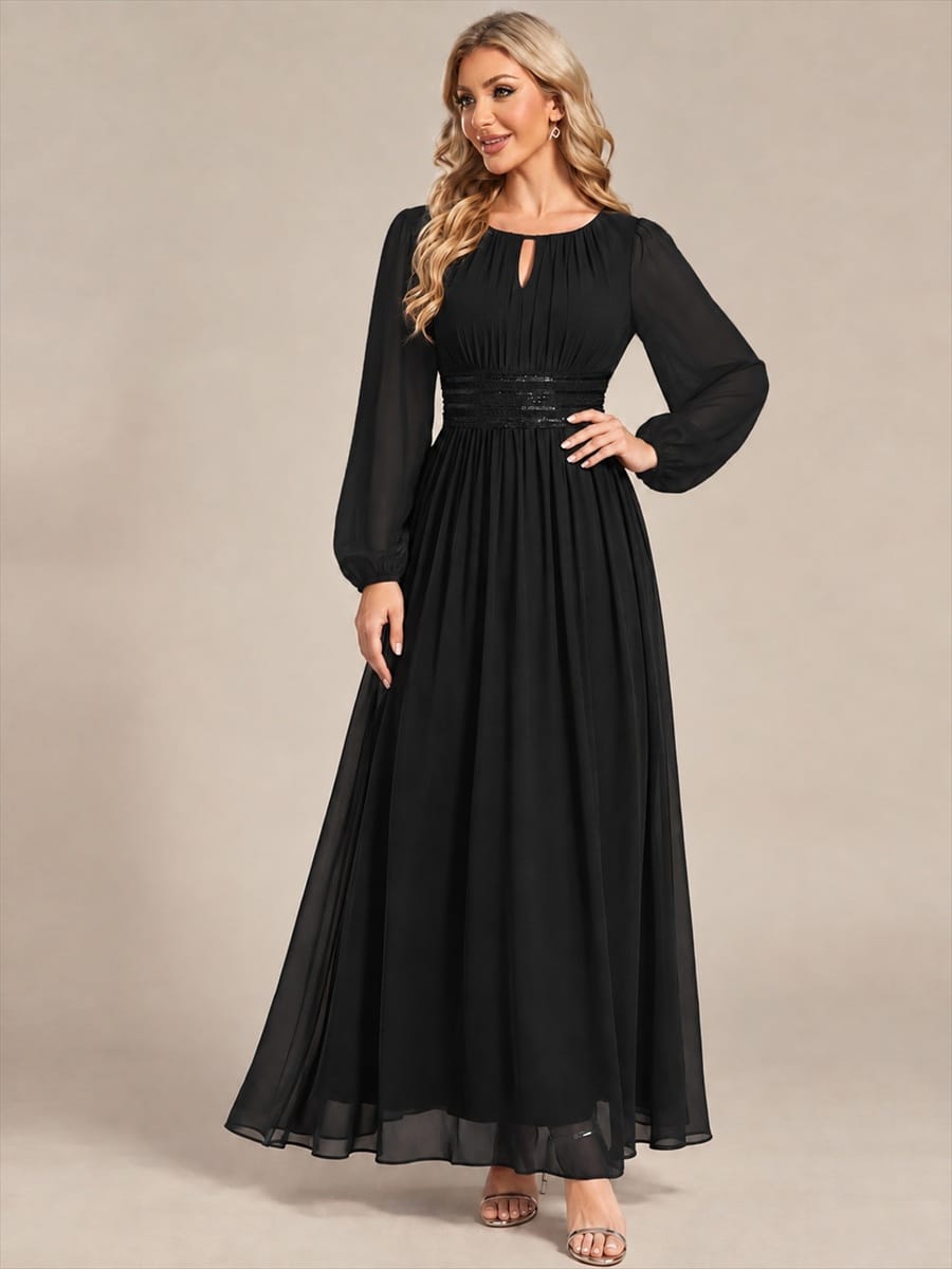 Chiffon Maxi Length Round neckline A-line Puff sleeves bridesmaid dress #color_Black