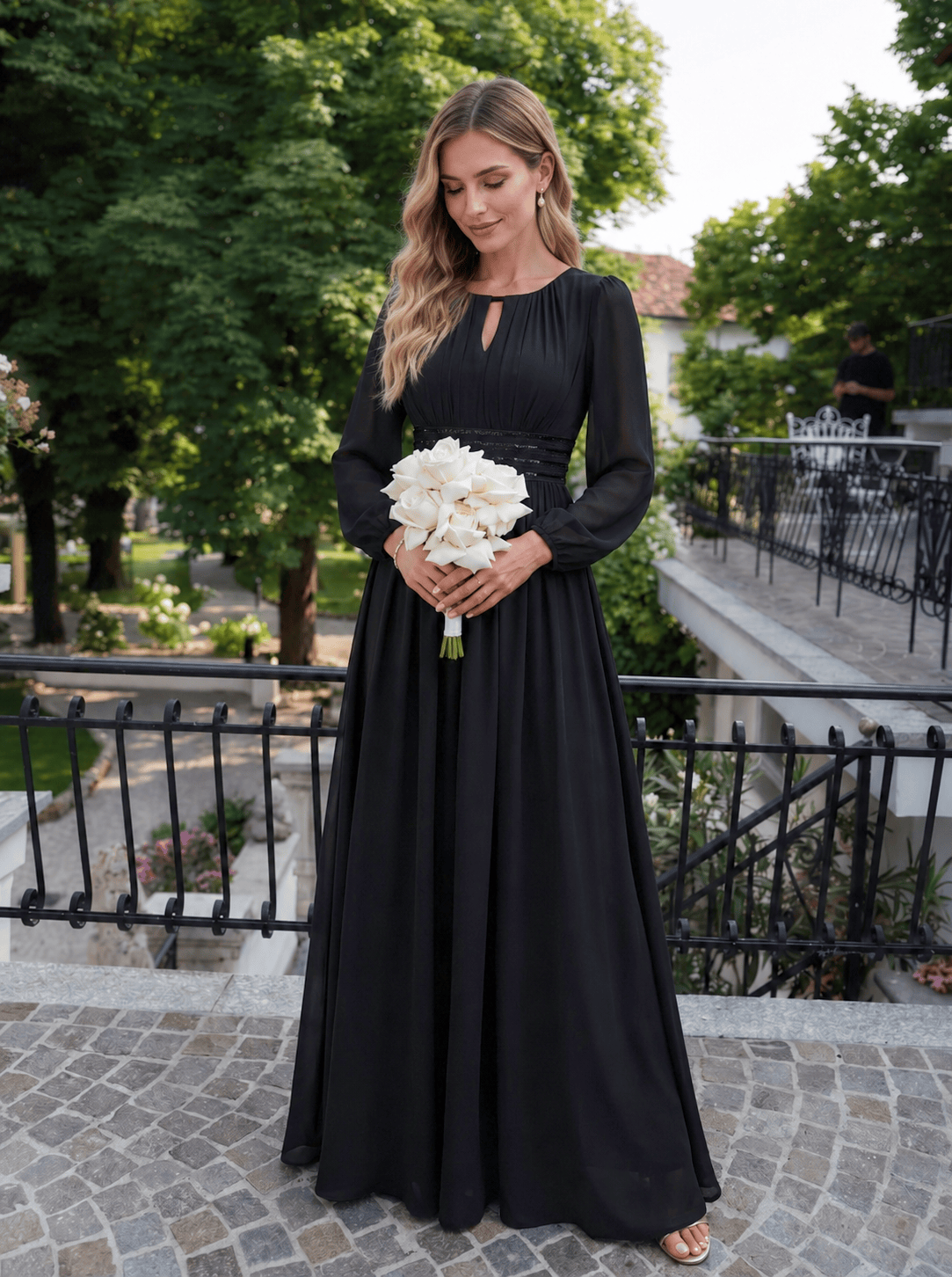 Chiffon Maxi Length Round neckline A-line Puff sleeves bridesmaid dress #color_Black