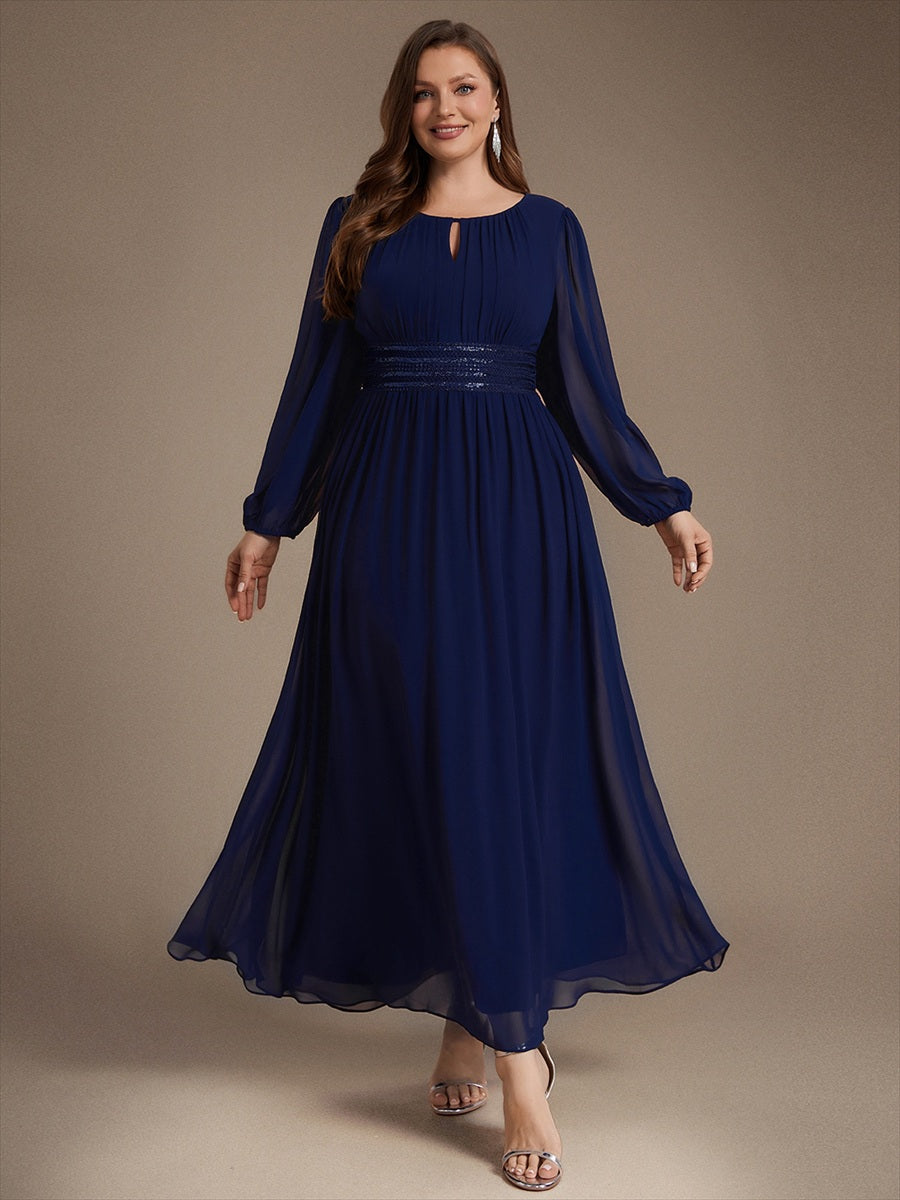 Chiffon Maxi Length Round neckline A-line Puff sleeves bridesmaid dress #color_Navy Blue