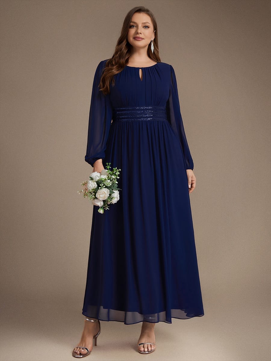 Chiffon Maxi Length Round neckline A-line Puff sleeves bridesmaid dress #color_Navy Blue