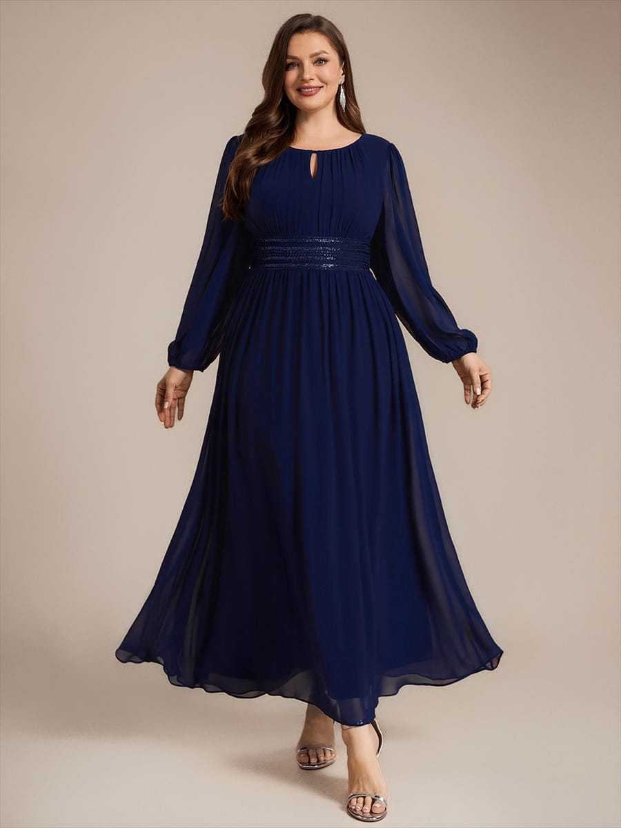 Chiffon Maxi Length Round neckline A-line Puff sleeves bridesmaid dress #color_Navy Blue