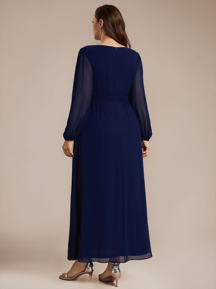 Chiffon Maxi Length Round neckline A-line Puff sleeves bridesmaid dress #color_Navy Blue