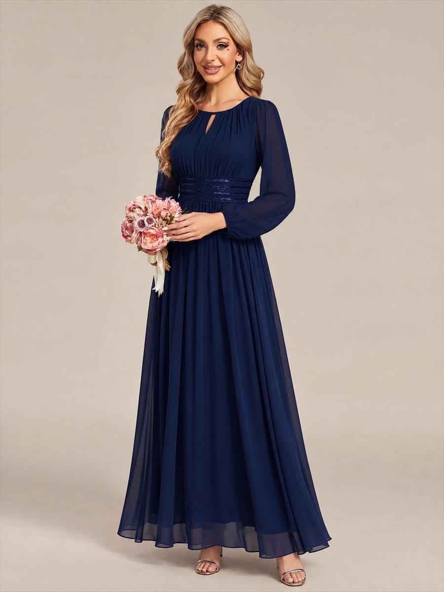 Chiffon Maxi Length Round neckline A-line Puff sleeves bridesmaid dress #color_Navy Blue