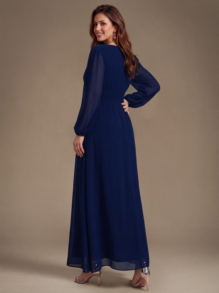Chiffon Maxi Length Round neckline A-line Puff sleeves bridesmaid dress #color_Navy Blue