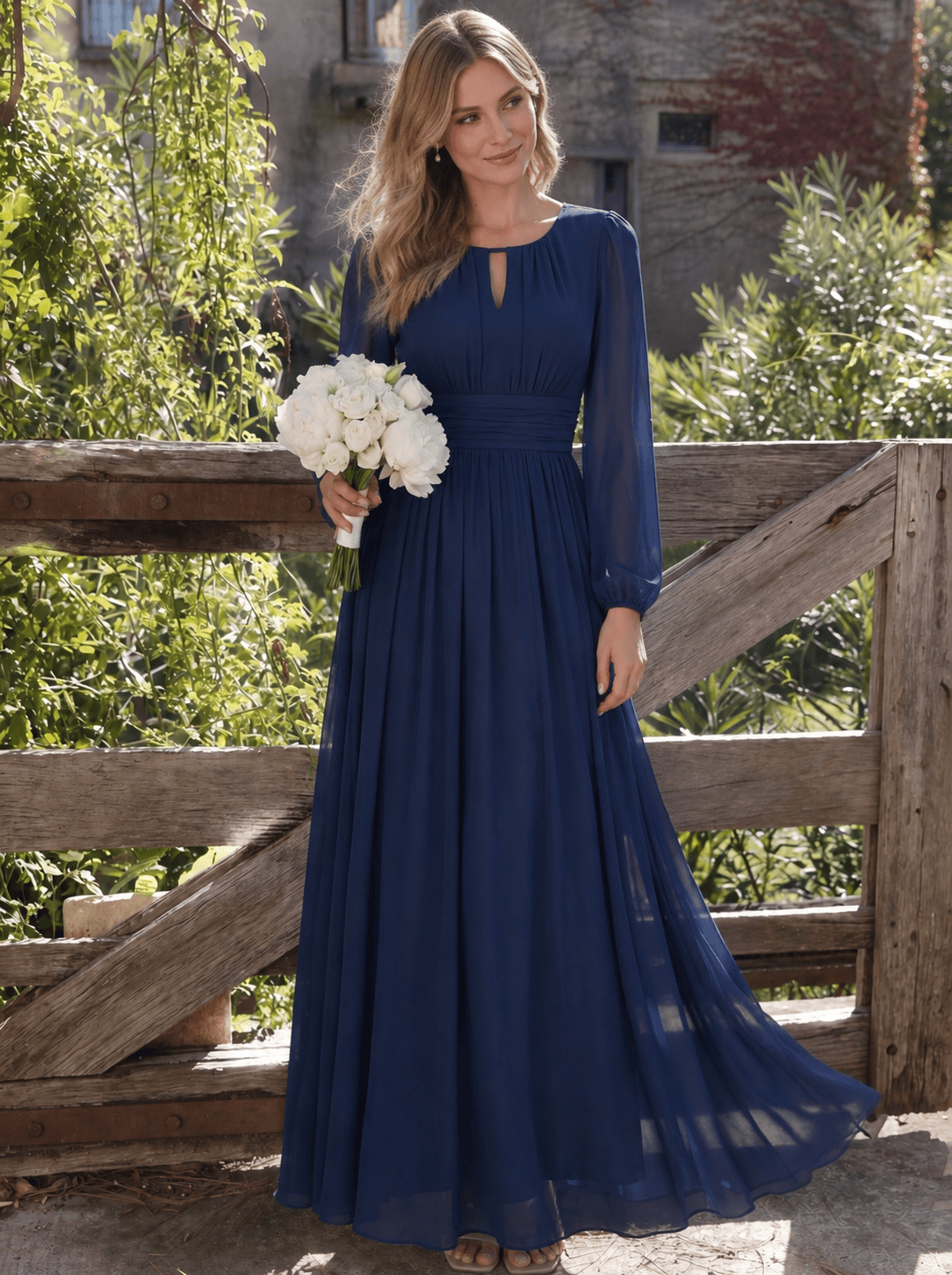 Chiffon Maxi Length Round neckline A-line Puff sleeves bridesmaid dress #color_Navy Blue