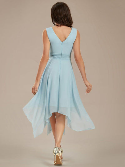Simple V-Neck Irregular Hem Chiffon Midi Bridesmaid Dress #color_Sky Blue