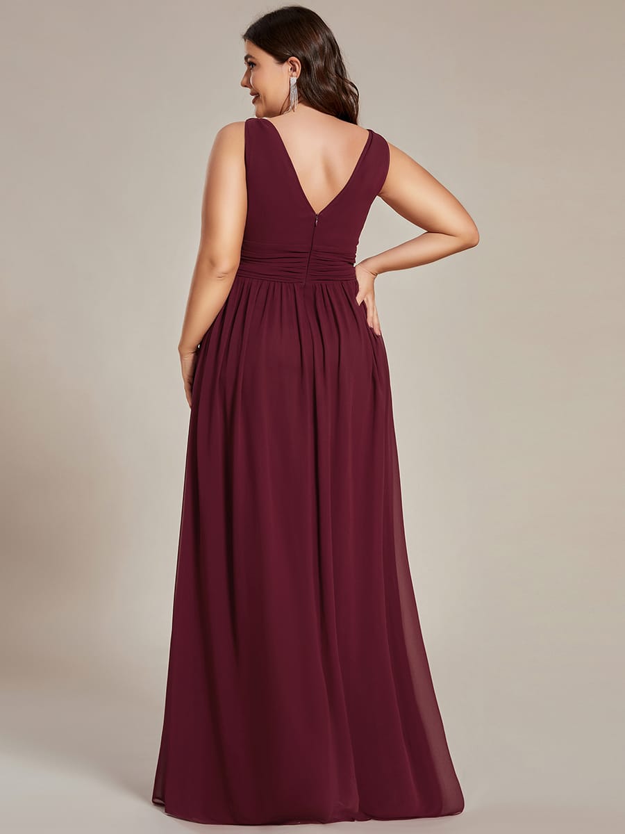 V Neck Sleeveless Pleated Chiffon Maxi Evening Dress #color_Burgundy