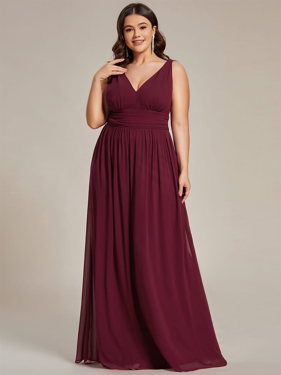 V Neck Sleeveless Pleated Chiffon Maxi Evening Dress #color_Burgundy