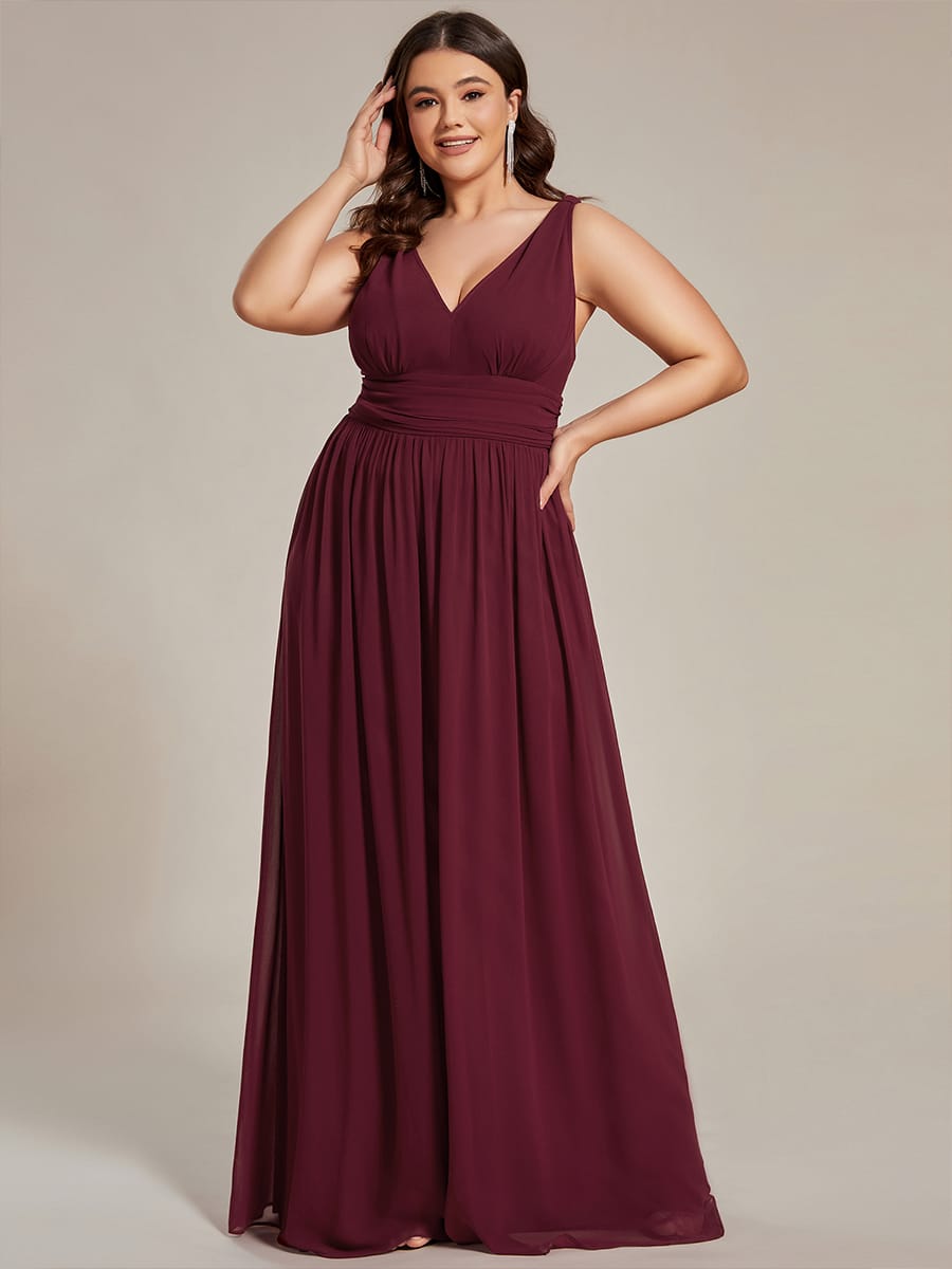 Elegant V Neck A Line Chiffon Maxi Bridesamid Dresses #color_Burgundy