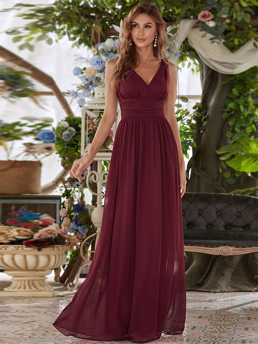V Neck Sleeveless Pleated Chiffon Maxi Evening Dress #color_Burgundy