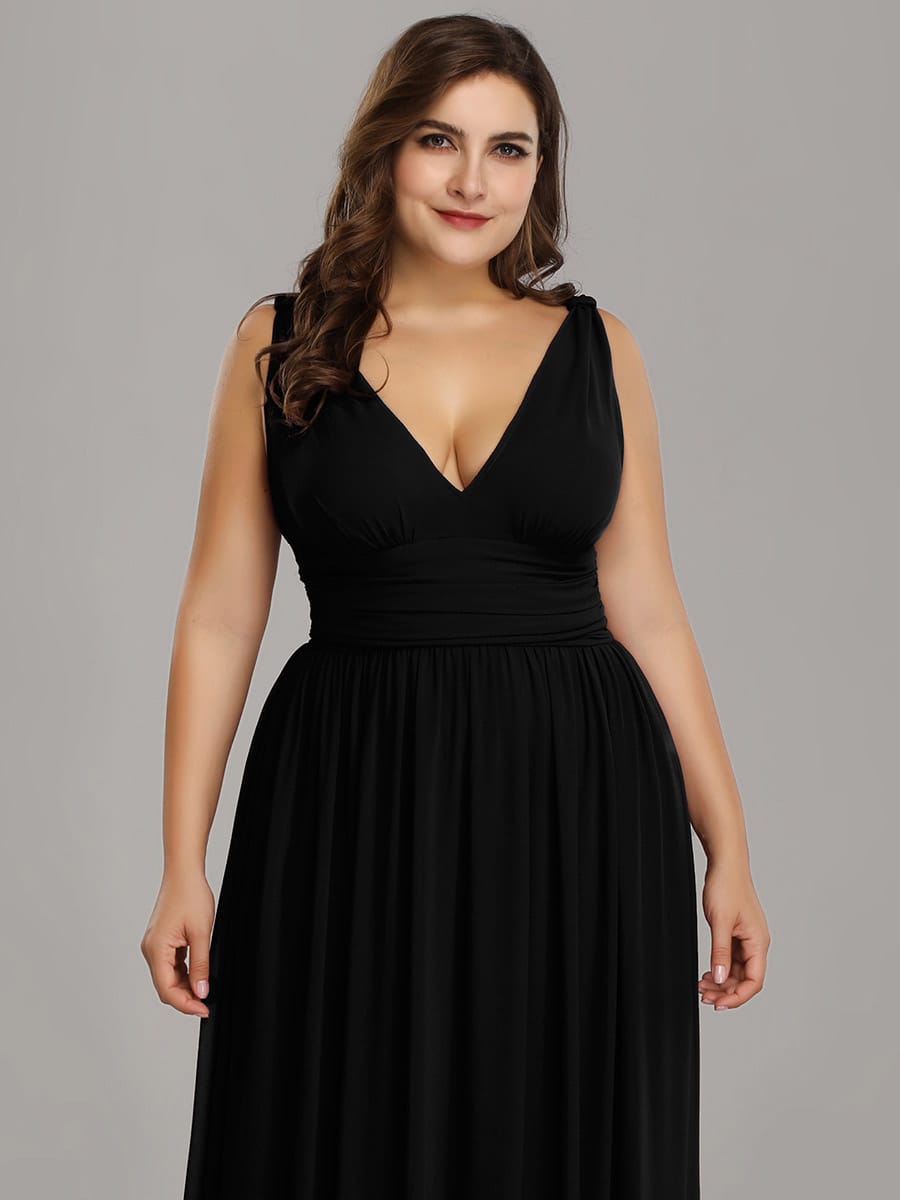 V Neck Sleeveless Pleated Chiffon Maxi Evening Dress #color_Black