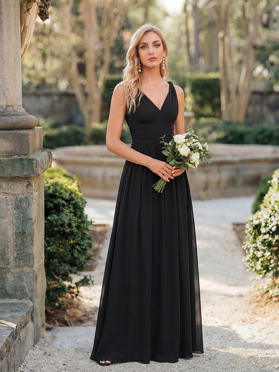 V Neck Sleeveless Pleated Chiffon Evening Dress #color_Black
