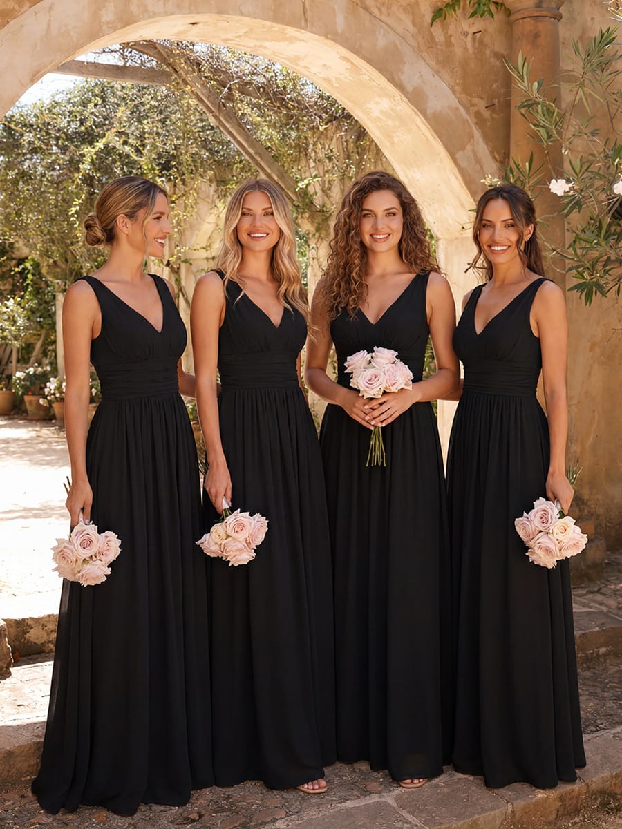 V Neck Sleeveless Pleated Chiffon Evening Dress #color_Black