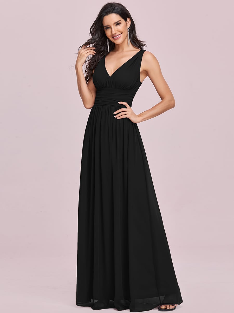 V Neck Sleeveless Pleated Chiffon Maxi Evening Dress #color_Black