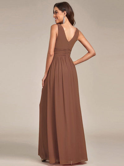 V Neck Sleeveless Pleated Chiffon Evening Dress #color_Brown