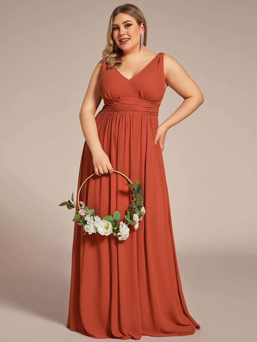 V Neck Sleeveless Pleated Chiffon Evening Dress #color_Burnt Orange