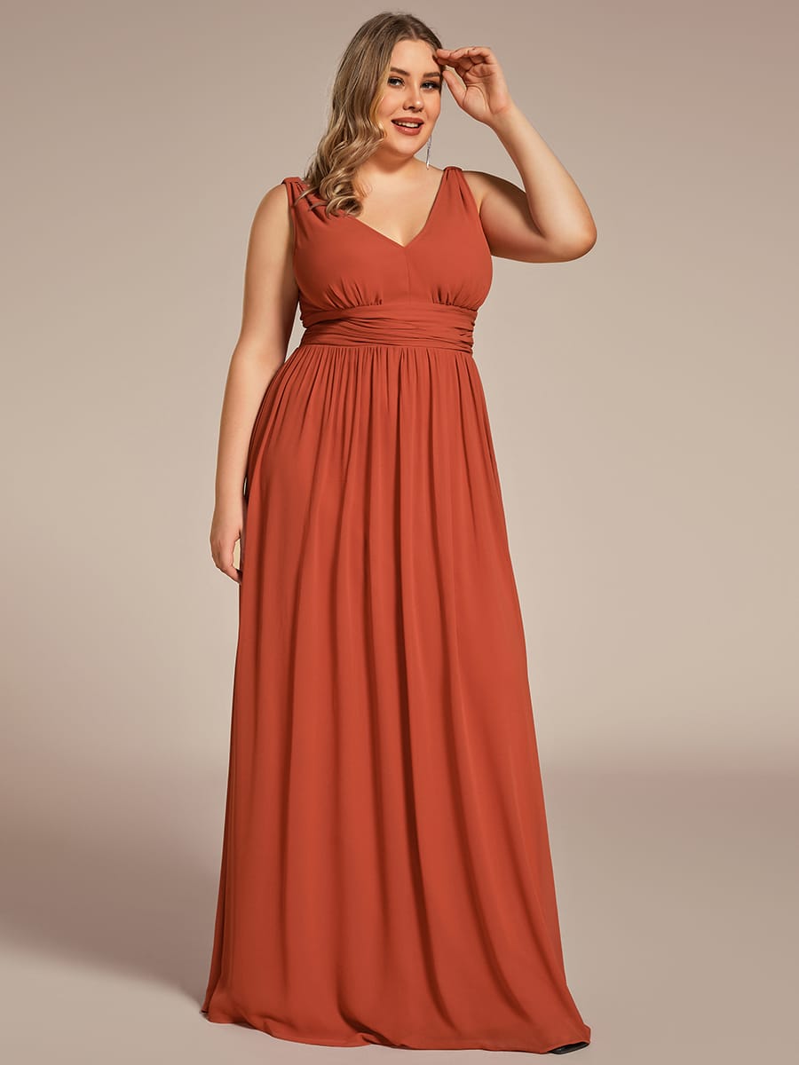 V Neck Sleeveless Pleated Chiffon Evening Dress #color_Burnt Orange
