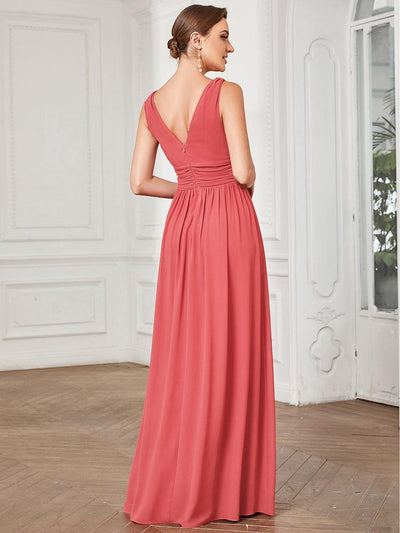 V Neck Sleeveless Pleated Chiffon Maxi Evening Dress #color_Coral