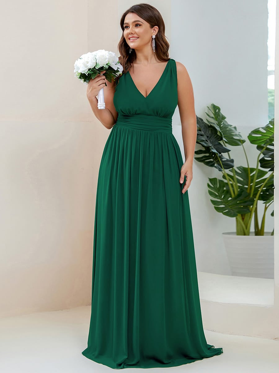 V Neck Sleeveless Pleated Chiffon Maxi Evening Dress #color_Dark Green