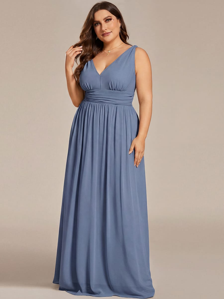 V Neck Sleeveless Pleated Chiffon Evening Dress #color_Dusty Blue