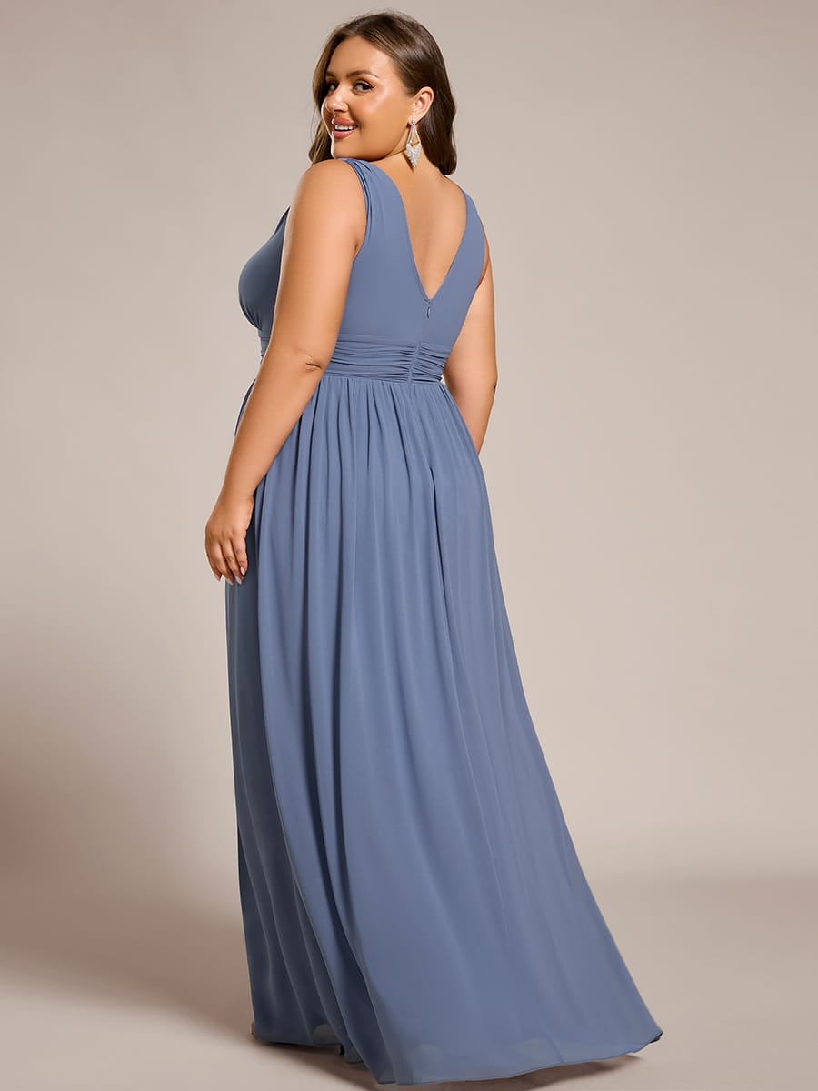 V Neck Sleeveless Pleated Chiffon Evening Dress #color_Dusty Blue