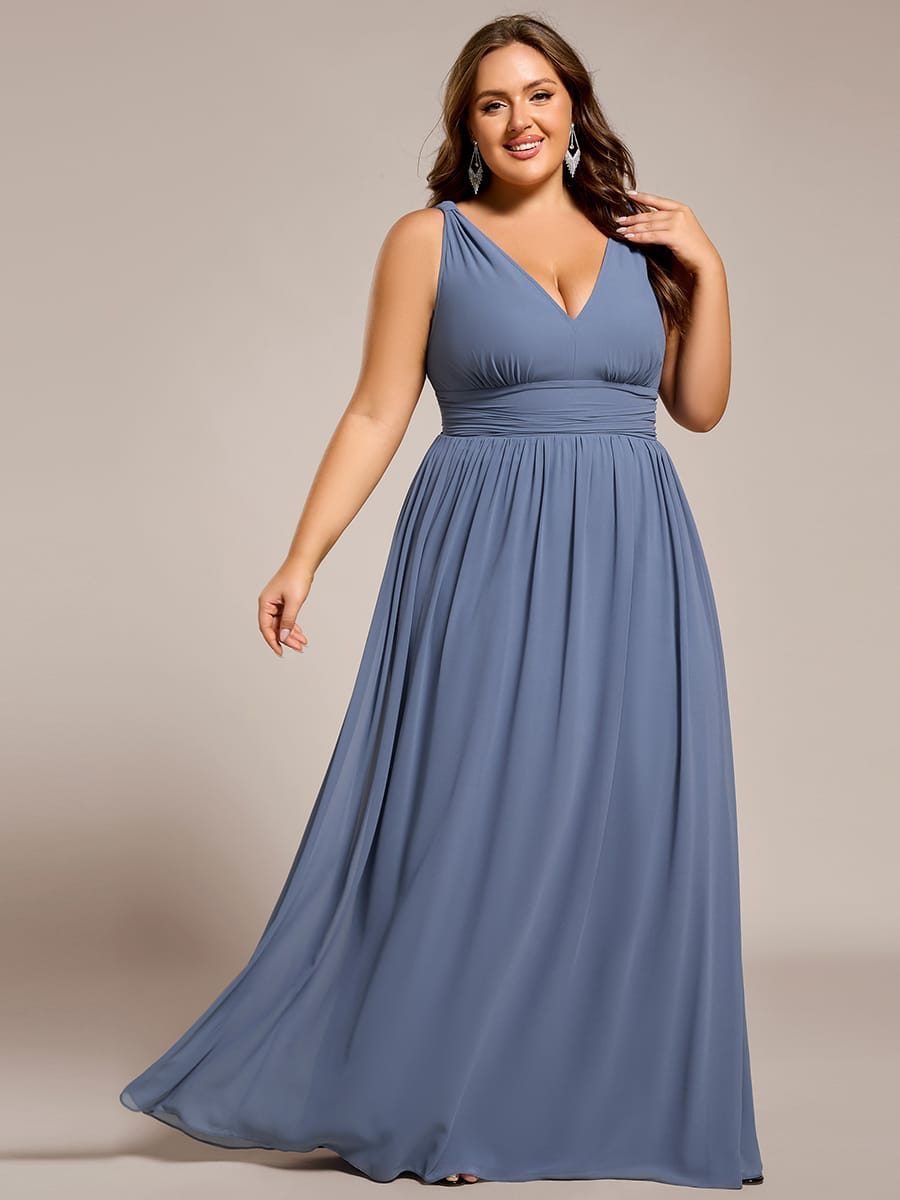 V Neck Sleeveless Pleated Chiffon Evening Dress #color_Dusty Blue
