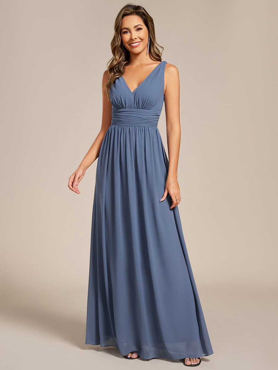 V Neck Sleeveless Pleated Chiffon Evening Dress #color_Dusty Blue