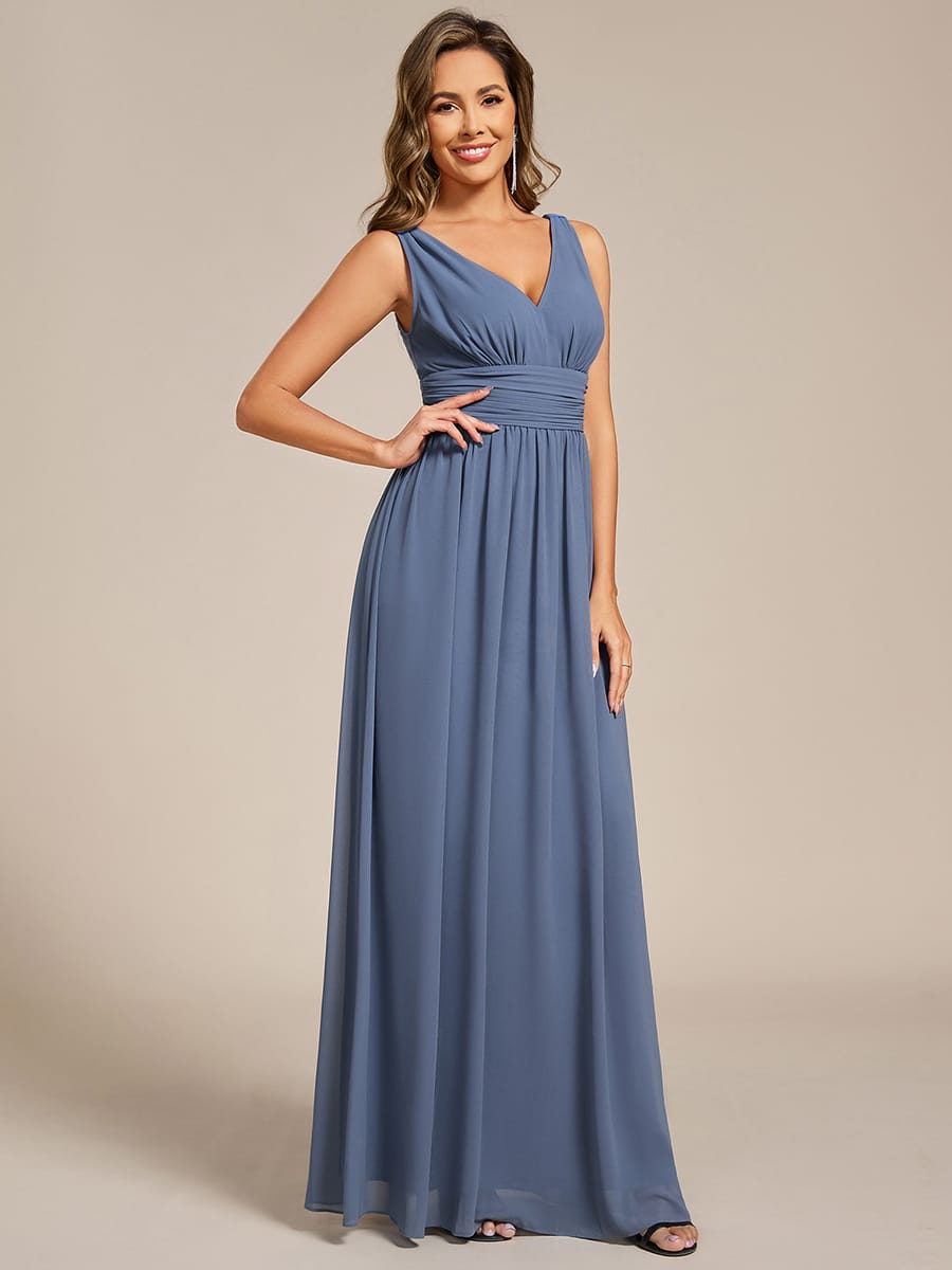 V Neck Sleeveless Pleated Chiffon Evening Dress #color_Dusty Blue