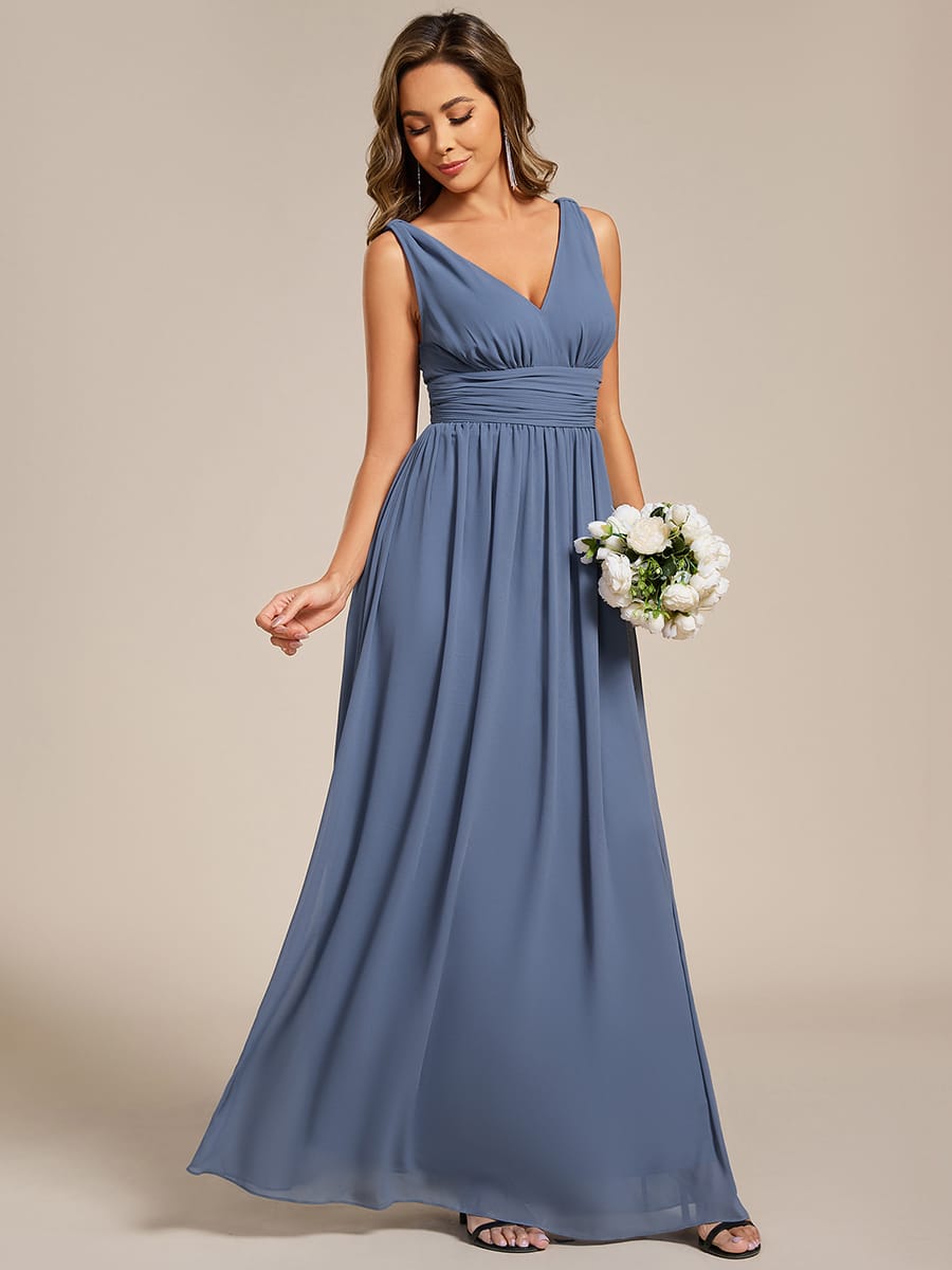 V Neck Sleeveless Pleated Chiffon Evening Dress #color_Dusty Blue