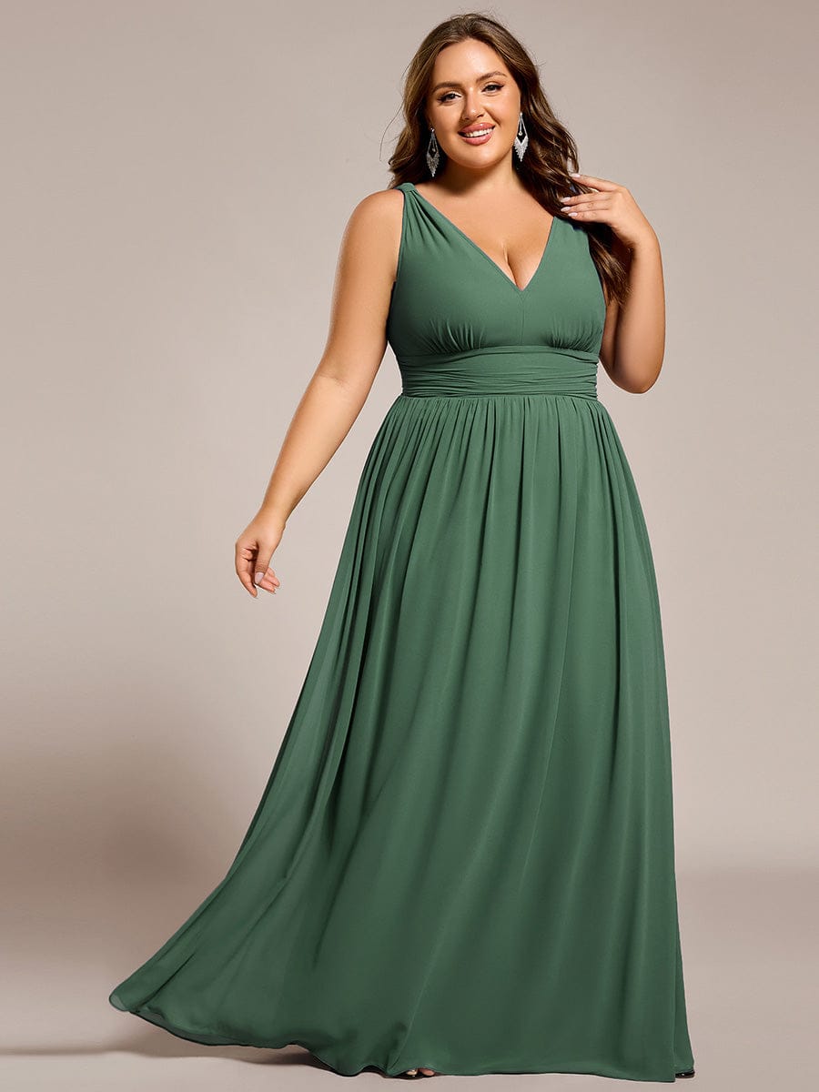 V Neck Sleeveless Pleated Chiffon Maxi Evening Dress #color_Eucalyptus Green