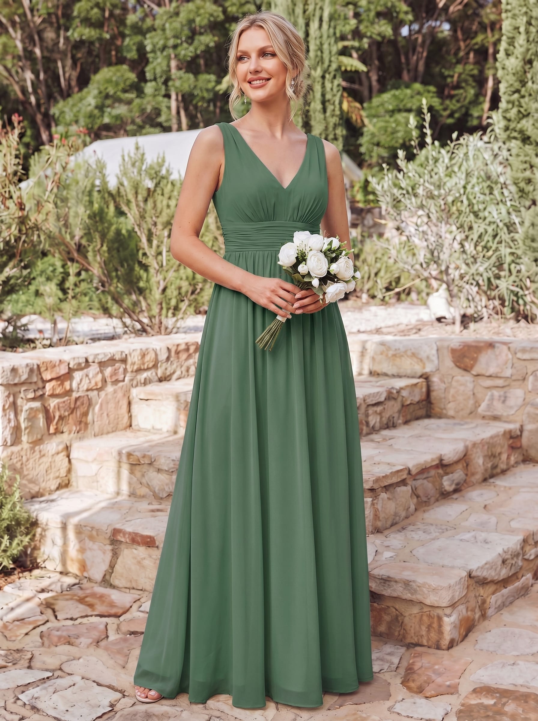 Elegant V Neck A Line Chiffon Maxi Bridesamid Dresses #color_Eucalyptus Green