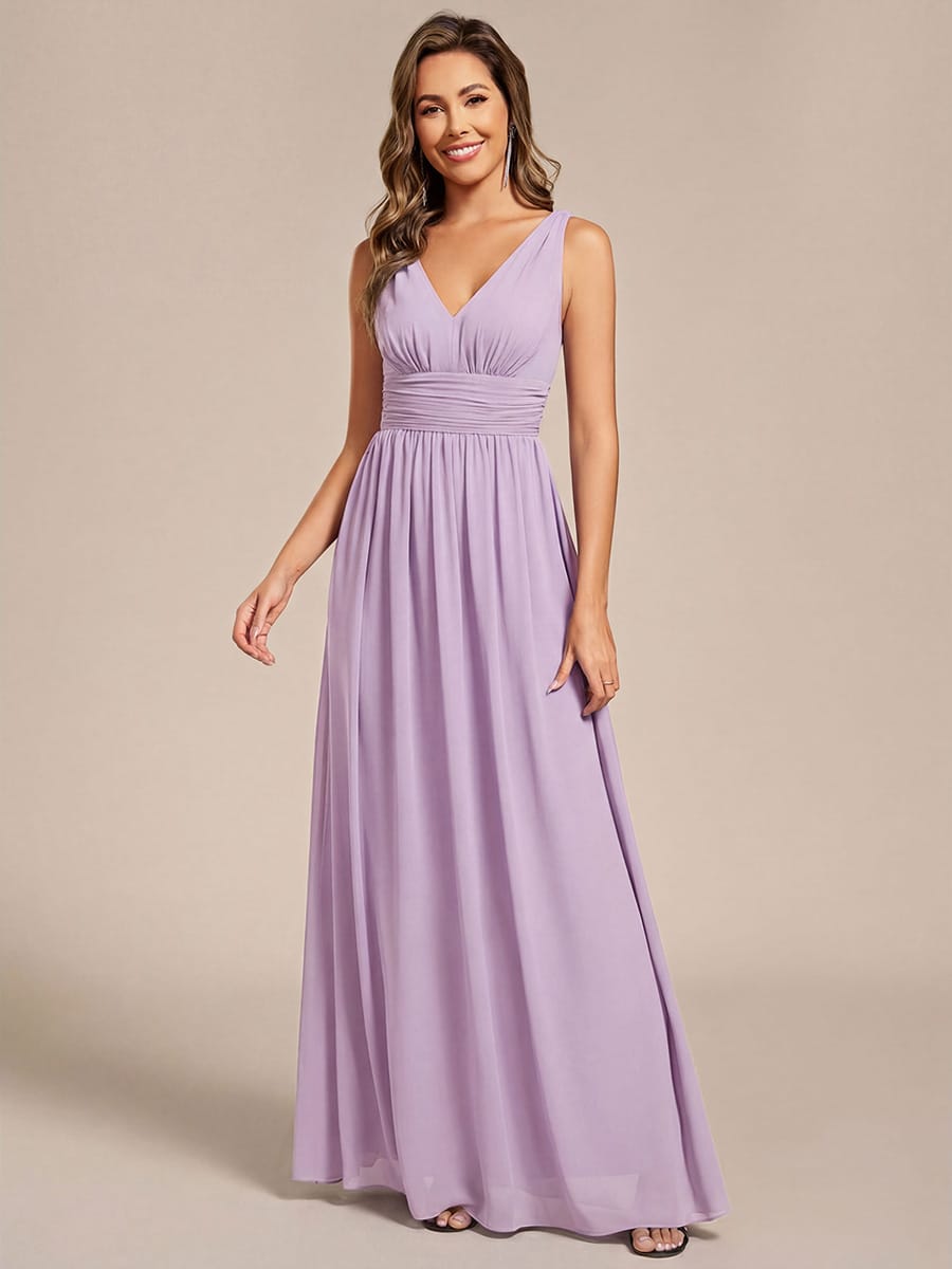 V Neck Sleeveless Pleated Chiffon Evening Dress #color_Frosted Lilac