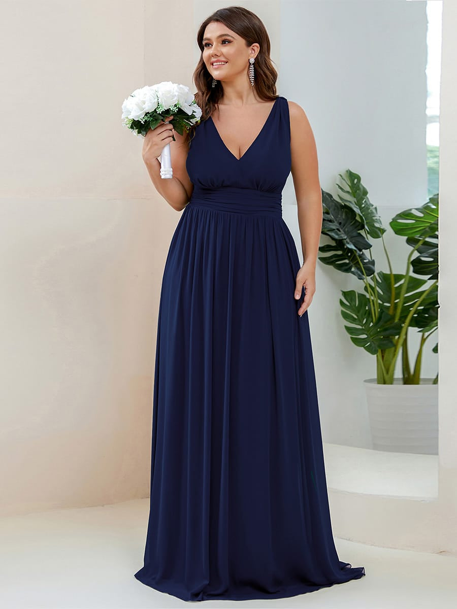 Elegant V Neck A Line Chiffon Maxi Bridesamid Dresses #color_Navy Blue