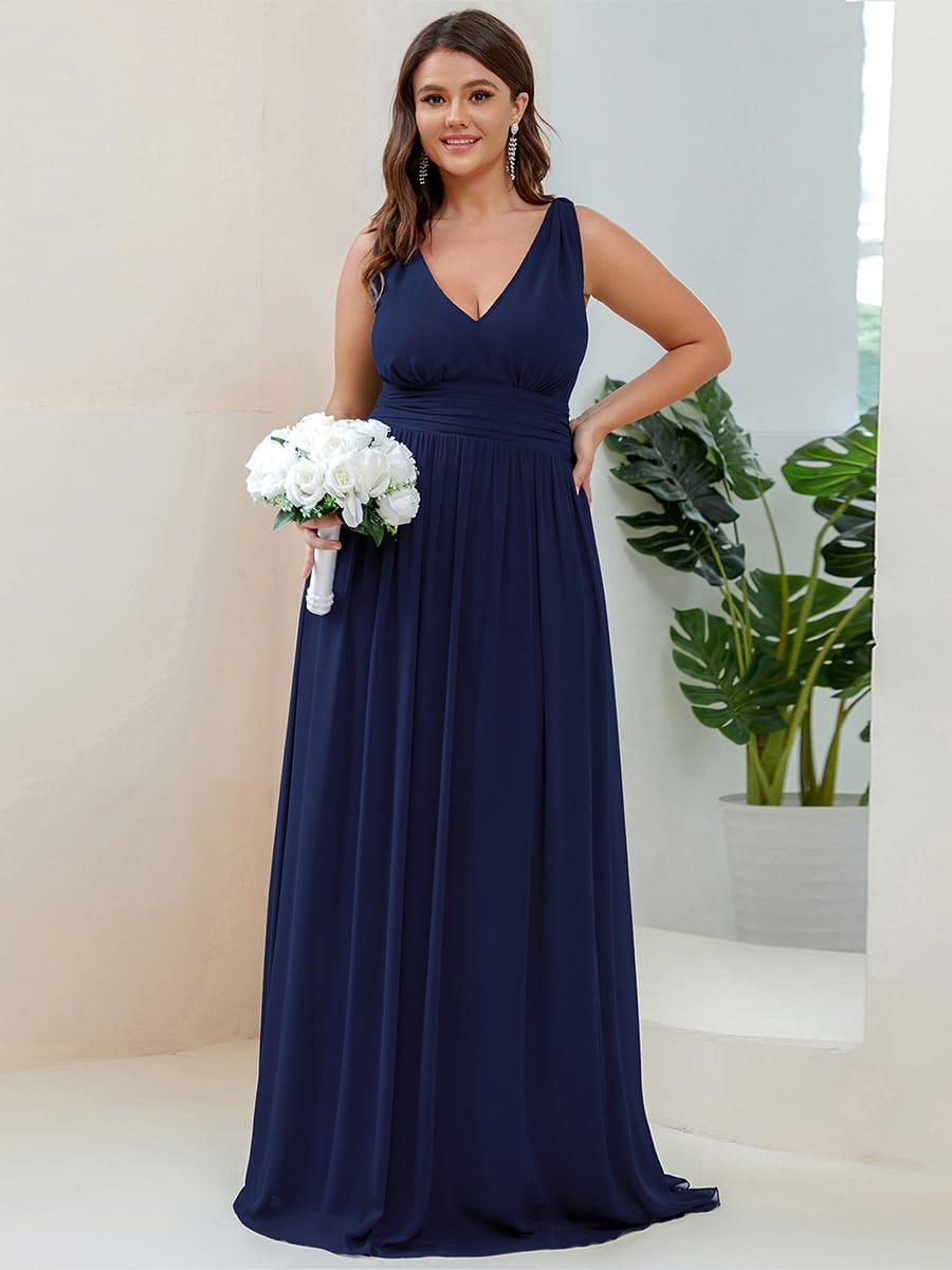 V Neck Sleeveless Pleated Chiffon Maxi Evening Dress #color_Navy Blue
