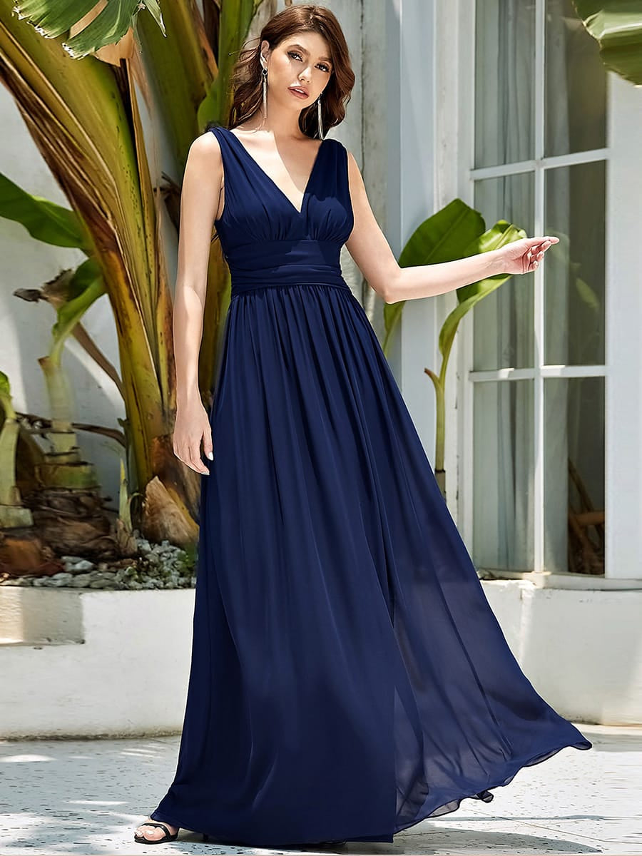 V Neck Sleeveless Pleated Chiffon Maxi Evening Dress #color_Navy Blue