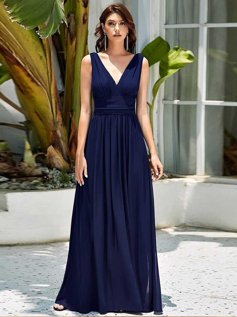 V Neck Sleeveless Pleated Chiffon Maxi Evening Dress #color_Navy Blue