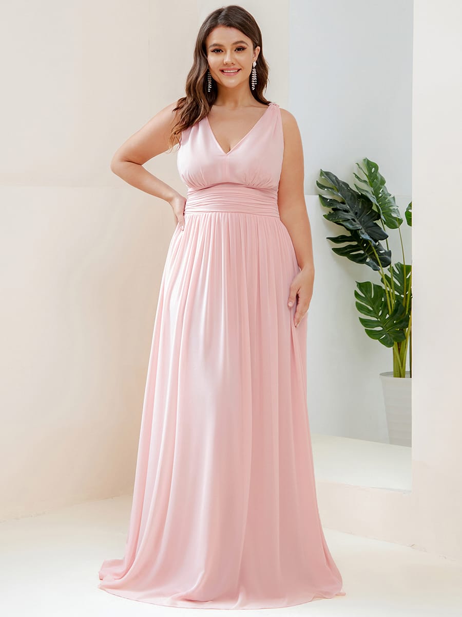 Elegant V Neck A Line Chiffon Maxi Bridesamid Dresses #color_Pink